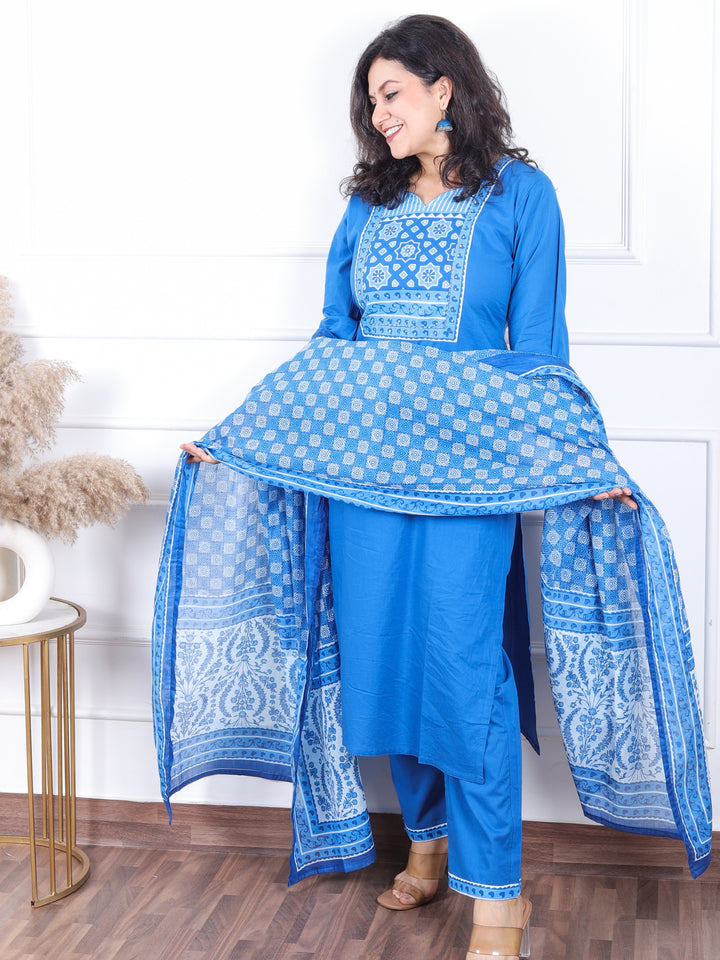 Dashtaan Cerulean Blue Printed Patch Neck with Patra Work Cotton 3 Piece Set