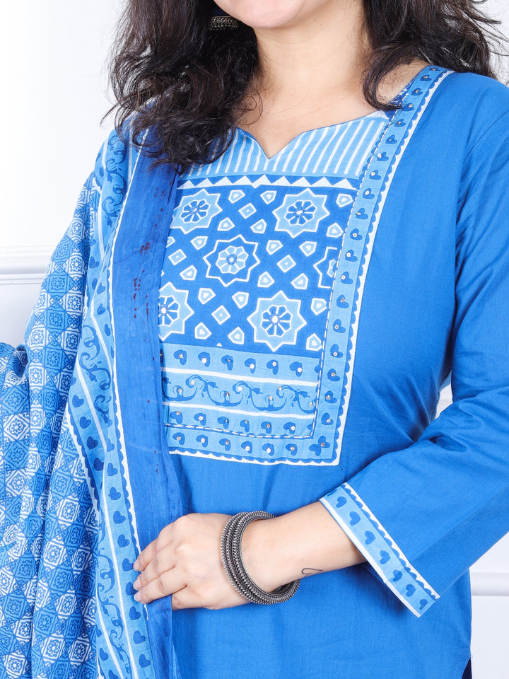 Dashtaan Cerulean Blue Printed Patch Neck with Patra Work Cotton 3 Piece Set