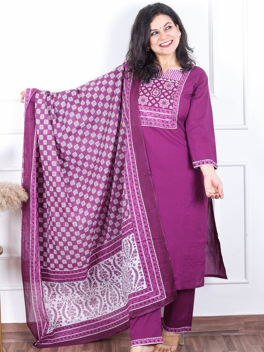 Dashtaan Eggplant Purple Printed Patch Neck with Patra Work Cotton 3 Piece Set
