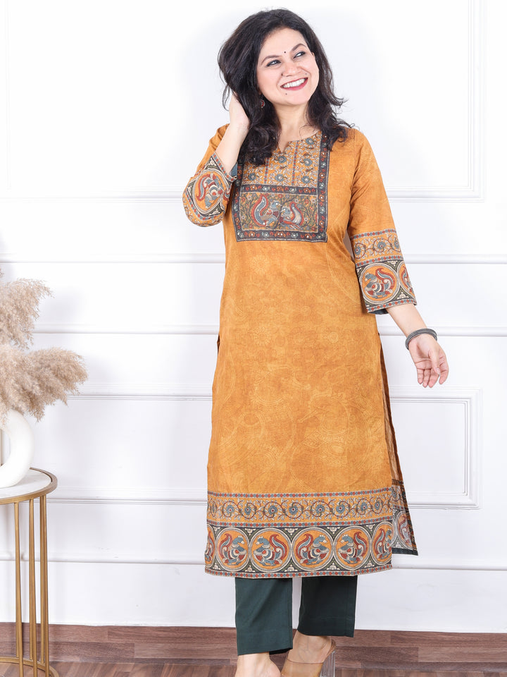 Dashtaan Dijon Yellow kalamkari Print Patch on Neck in Self Printed Cotton Kurti