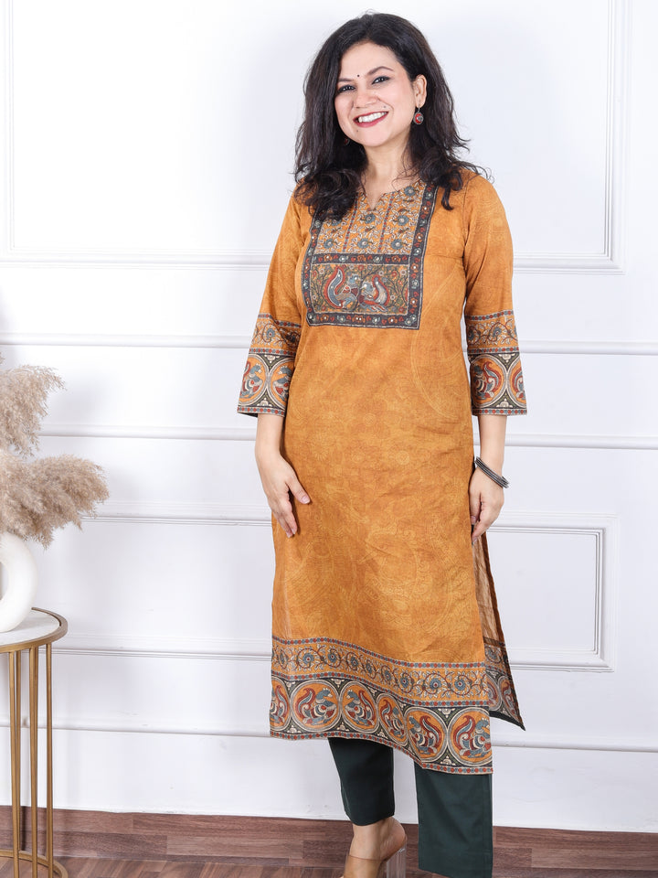 Dashtaan Dijon Yellow kalamkari Print Patch on Neck in Self Printed Cotton Kurti