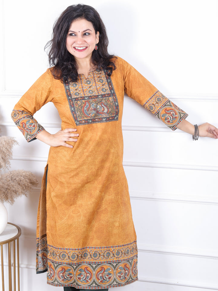 Dashtaan Dijon Yellow kalamkari Print Patch on Neck in Self Printed Cotton Kurti