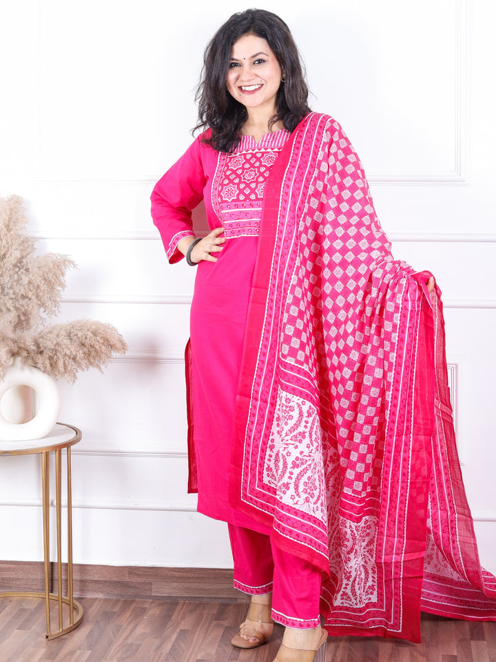 Dashtaan Magenta Pink Printed Patch Neck with Patra Work Cotton 3 Piece Set
