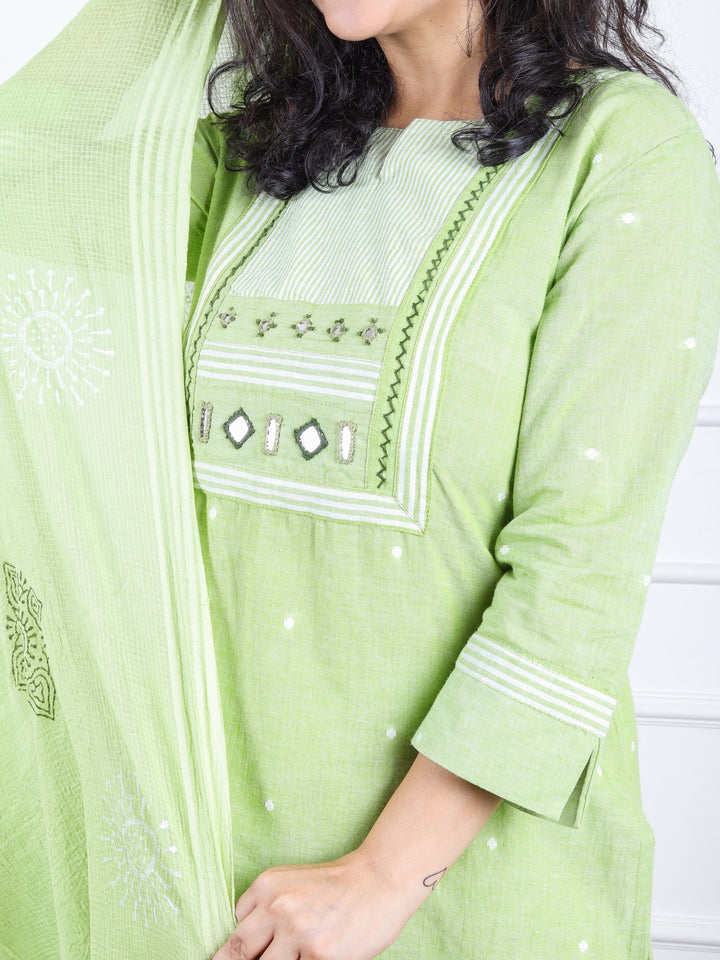 Dashtaan Pistashio Green Stripe Print with Mirror Work Patch South Cotton 3 Piece Set