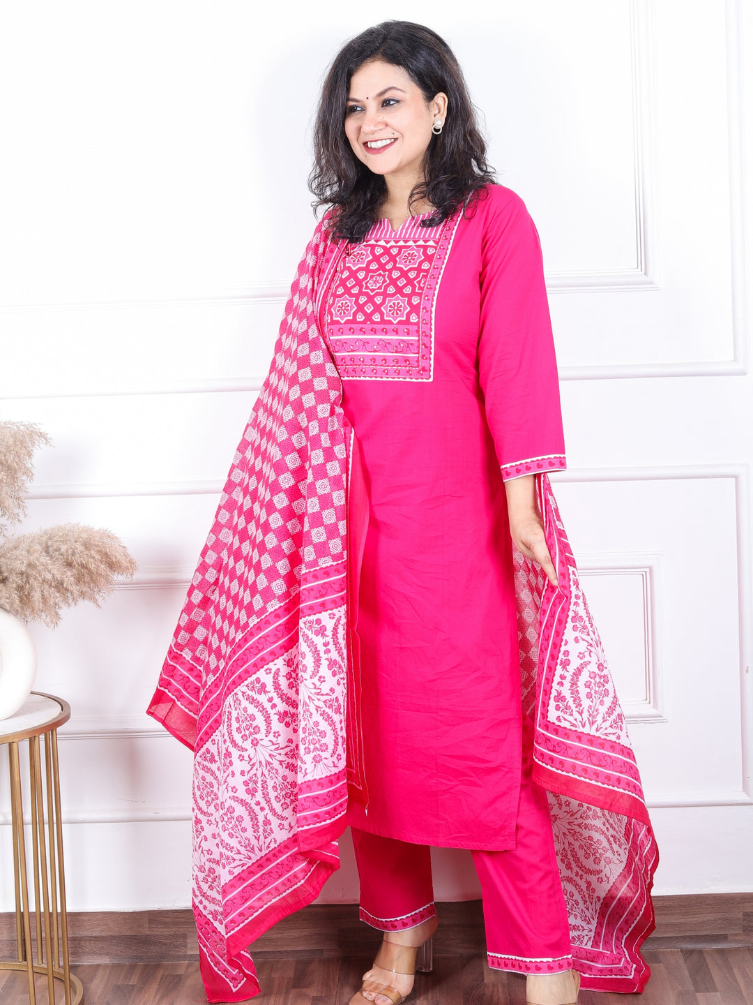 Dashtaan Magenta Pink Printed Patch Neck with Patra Work Cotton 3 Piece Set