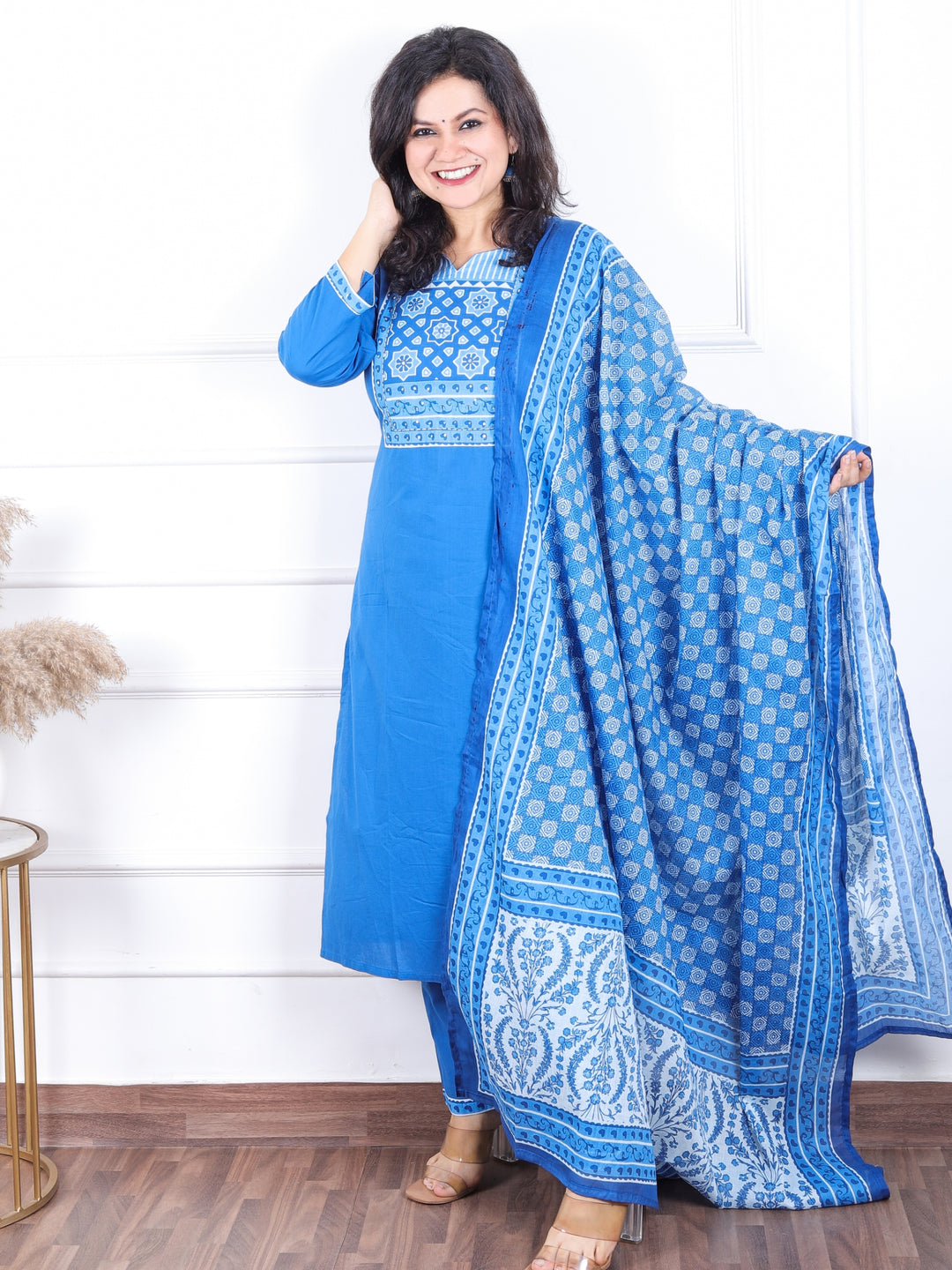 Dashtaan Cerulean Blue Printed Patch Neck with Patra Work Cotton 3 Piece Set