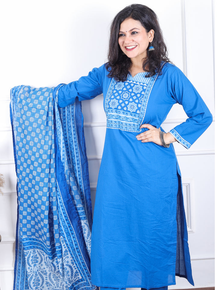 Dashtaan Cerulean Blue Printed Patch Neck with Patra Work Cotton 3 Piece Set