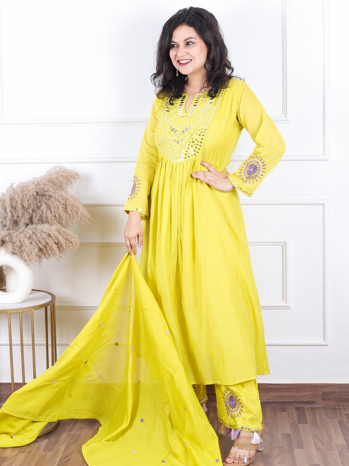 Dashtaan Bumblebee Yellow Mirror Work with Gather Detailing Mul Chanderi 3 Piece Set