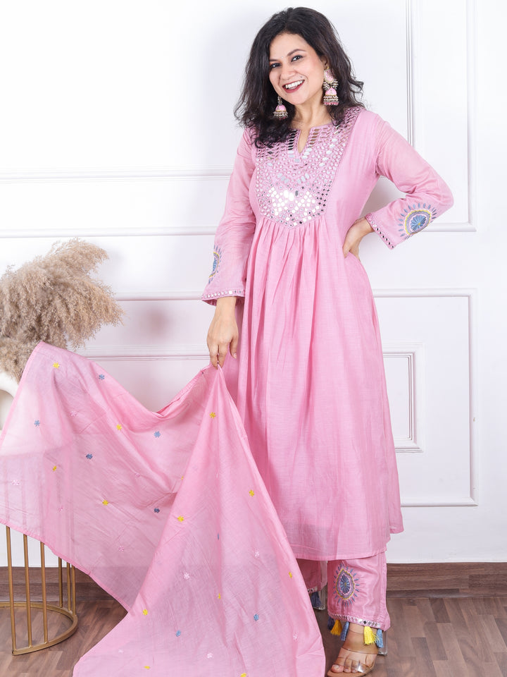 Dashtaan Bubblegum Pink Mirror Work with Gather Detailing Mul Chanderi 3 Piece Set