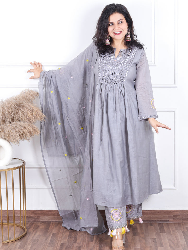 Dashtaan Slate Gray Mirror Work with Gather Detailing Mul Chanderi 3 Piece Set