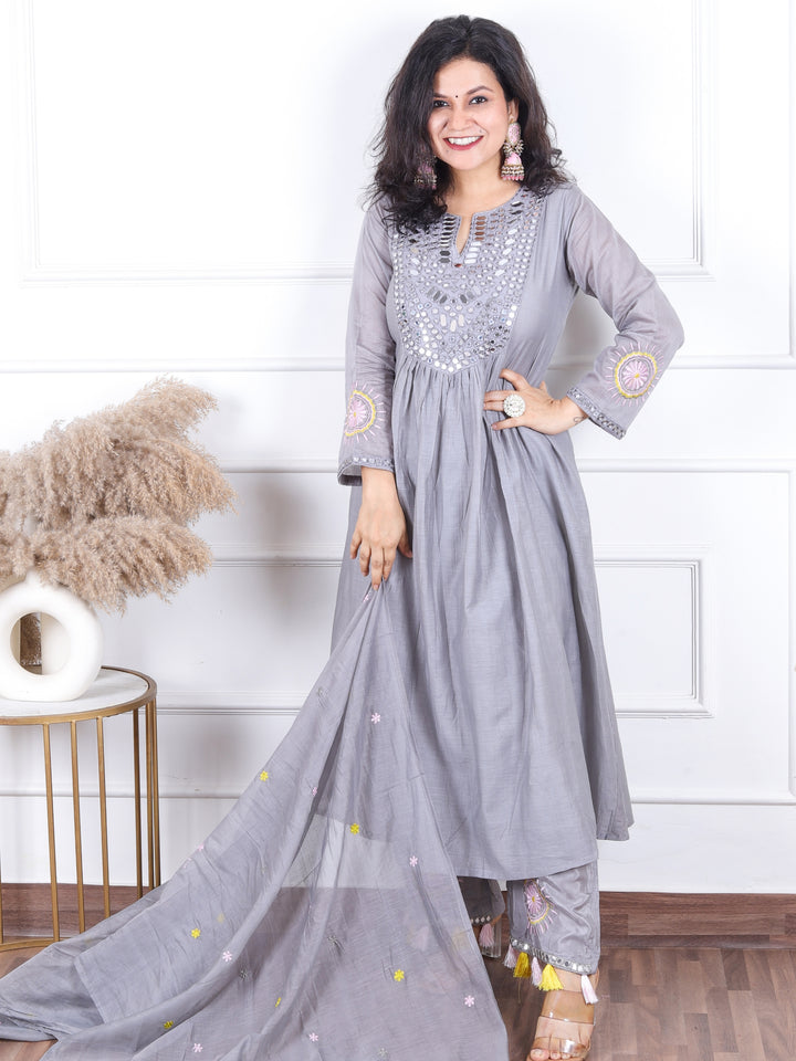 Dashtaan Slate Gray Mirror Work with Gather Detailing Mul Chanderi 3 Piece Set