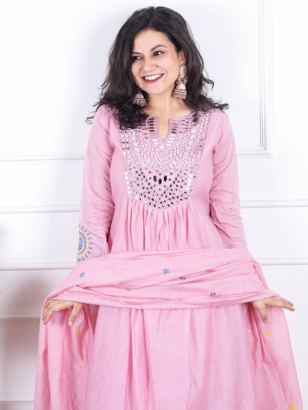 Dashtaan Bubblegum Pink Mirror Work with Gather Detailing Mul Chanderi 3 Piece Set