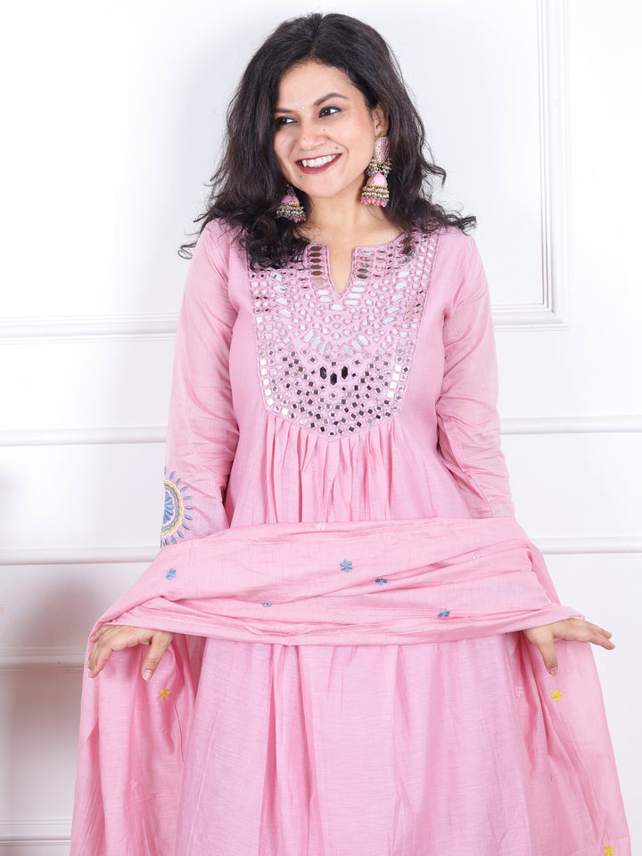 Dashtaan Bubblegum Pink Mirror Work with Gather Detailing Mul Chanderi 3 Piece Set