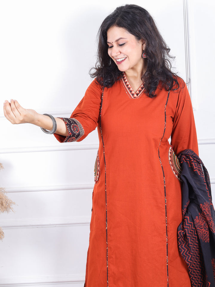 Chanda Rust Orange V Neck Lace Work with Pocket Cotton 3 Piece Set