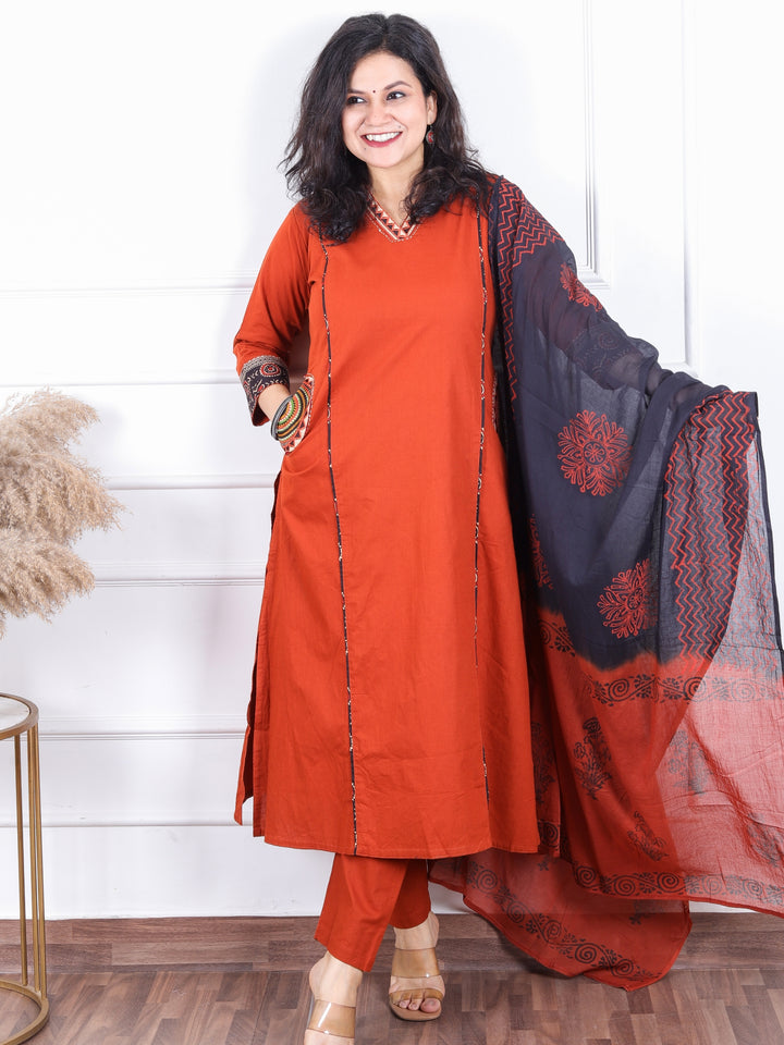 Chanda Rust Orange V Neck Lace Work with Pocket Cotton 3 Piece Set