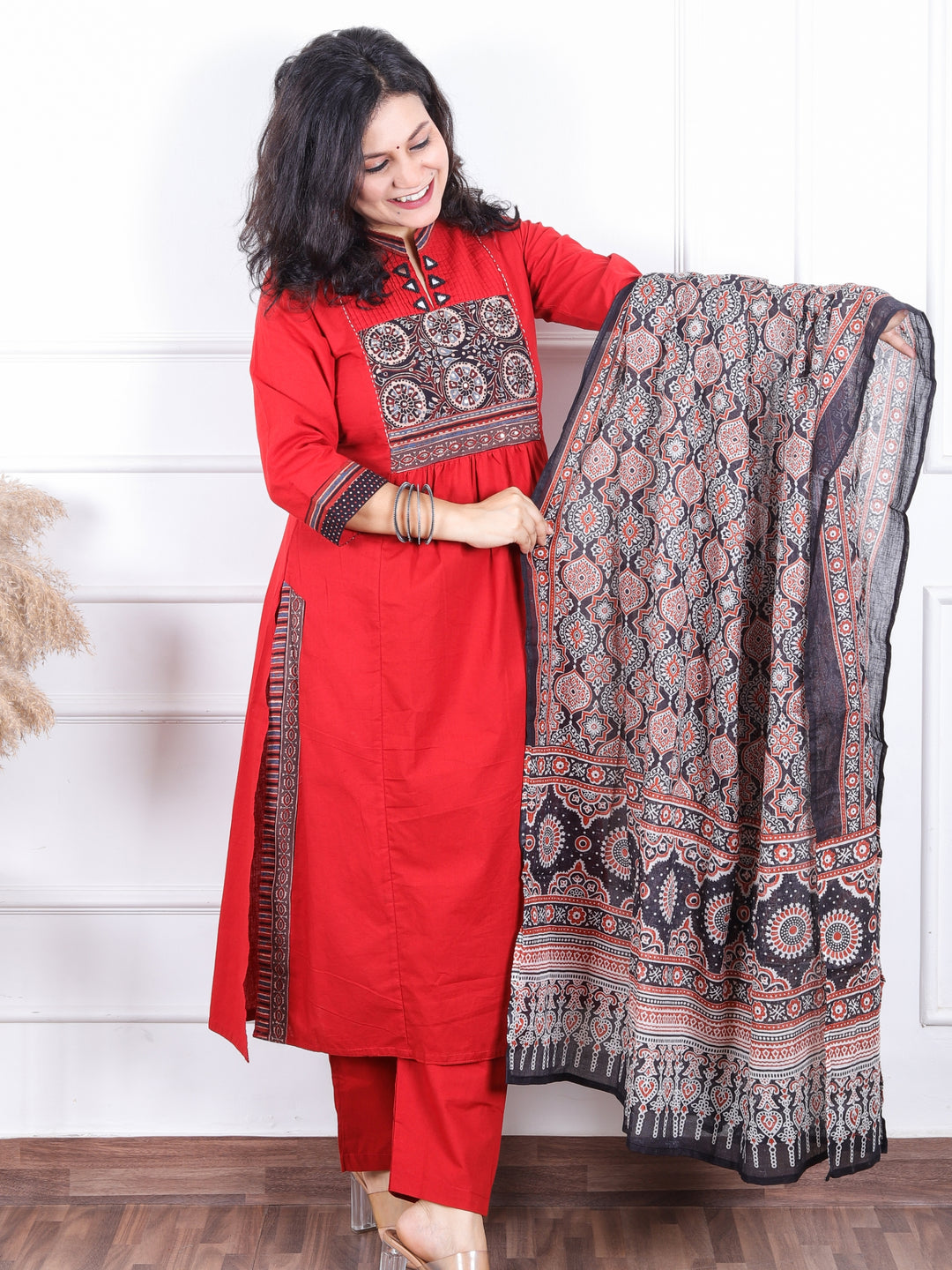Dashtaan Berry Red Central Gathered Panel with Ajrak and Mirror Work Cotton 3 Piece Set