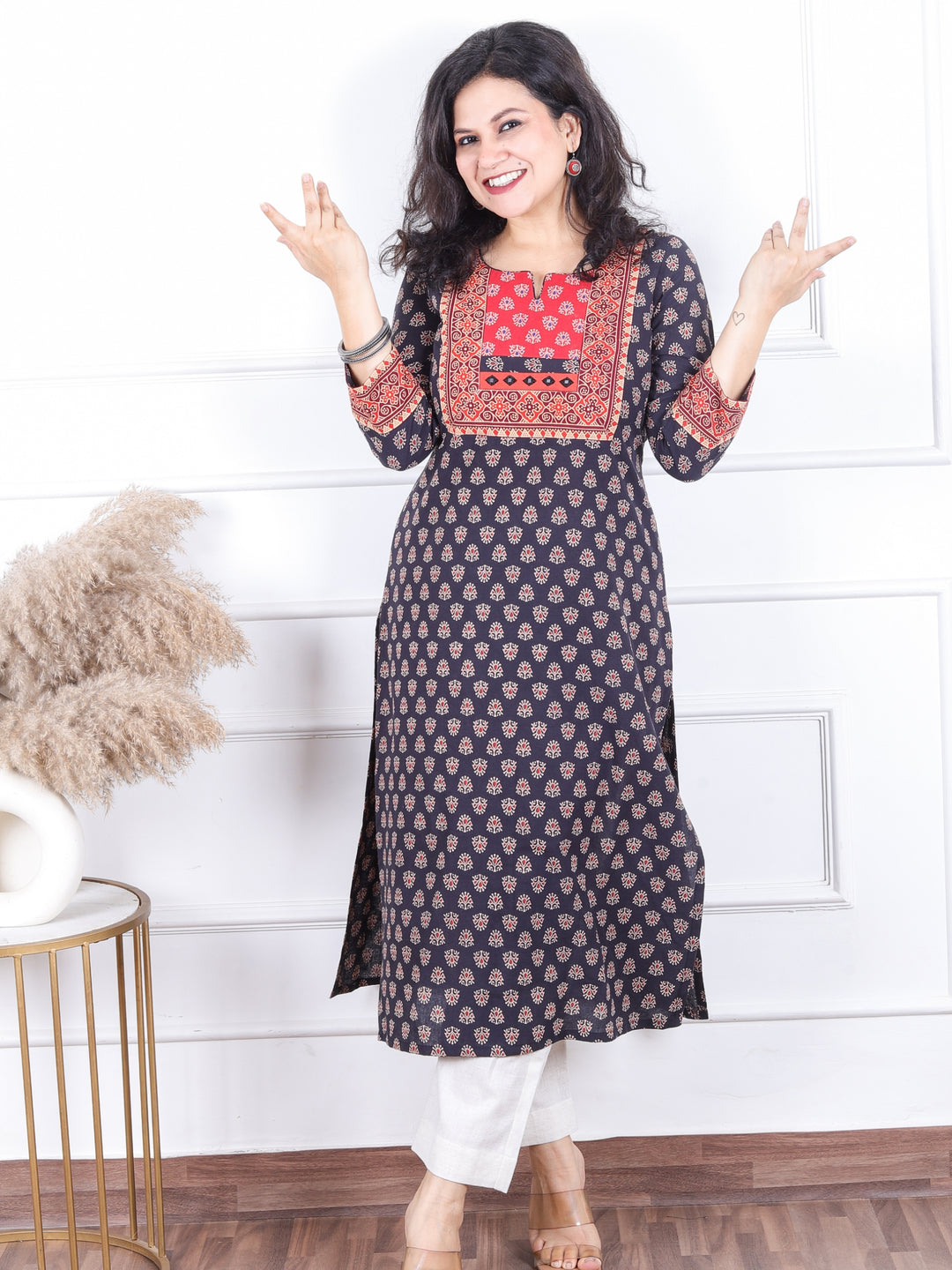 Dashtaan Midnight Navy Gujjri Print Red Patch With Mirror Work Neck Cotton Kurti