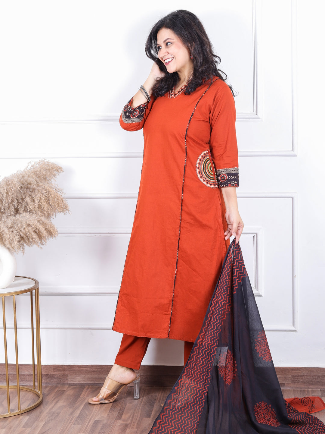 Chanda Rust Orange V Neck Lace Work with Pocket Cotton 3 Piece Set