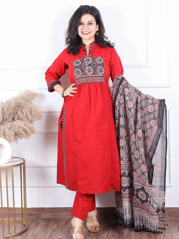 Dashtaan Berry Red Central Gathered Panel with Ajrak and Mirror Work Cotton 3 Piece Set