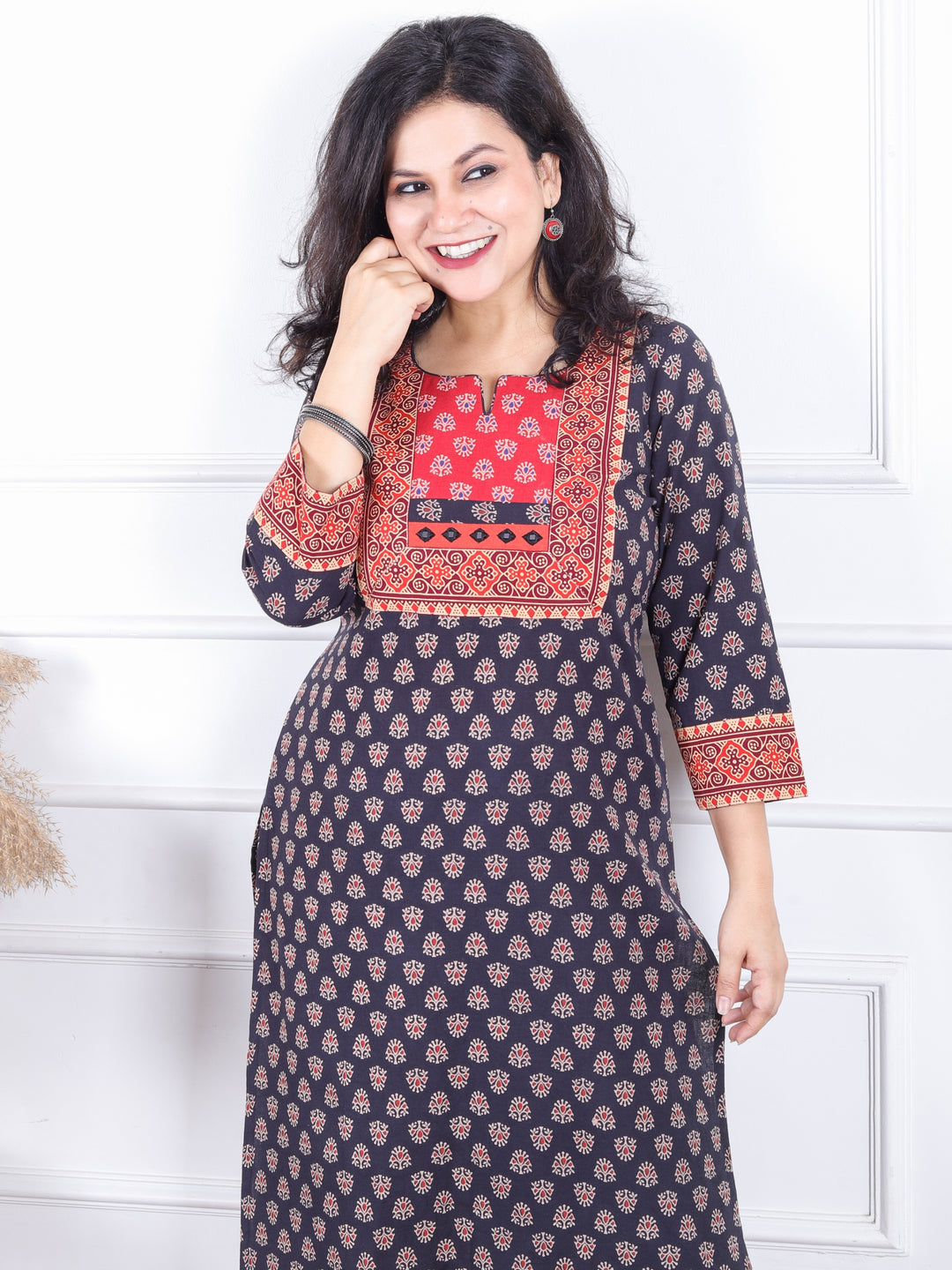 Dashtaan Midnight Navy Gujjri Print Red Patch With Mirror Work Neck Cotton Kurti