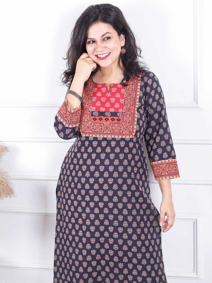 Dashtaan Midnight Navy Gujjri Print Red Patch With Mirror Work Neck Cotton Kurti