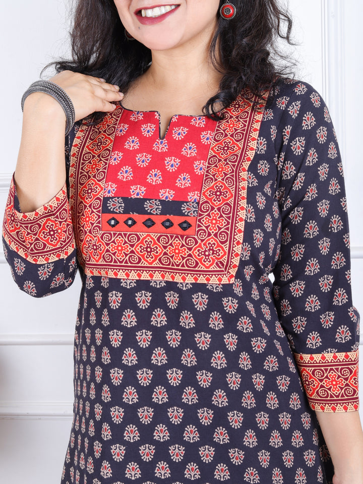 Dashtaan Midnight Navy Gujjri Print Red Patch With Mirror Work Neck Cotton Kurti