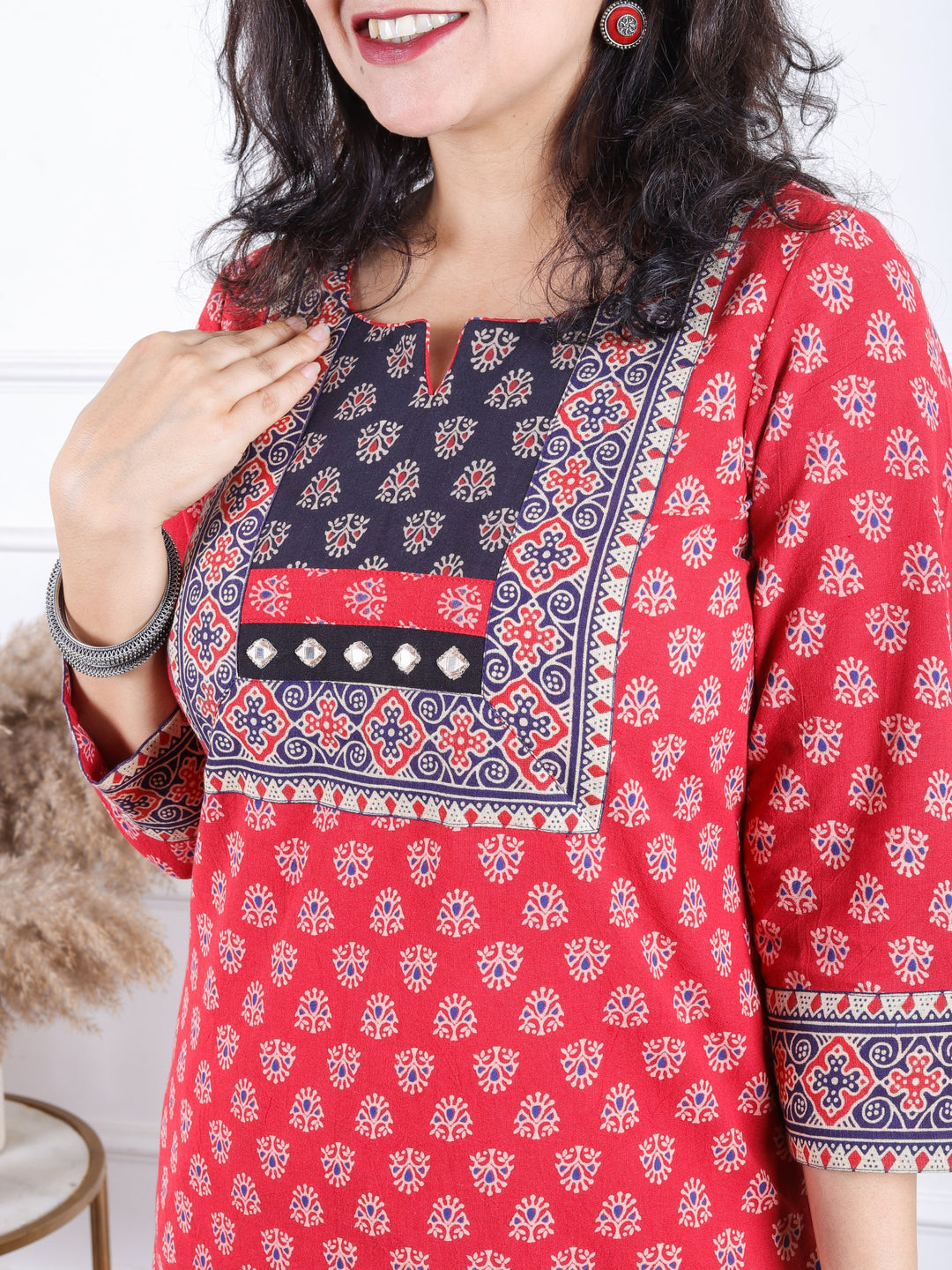 Dashtaan Sangria Red Gujjri Print Blue Patch With Mirror Work Neck Cotton Kurti