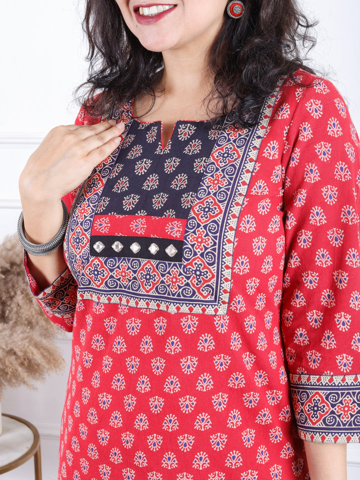 Dashtaan Sangria Red Gujjri Print Blue Patch With Mirror Work Neck Cotton Kurti