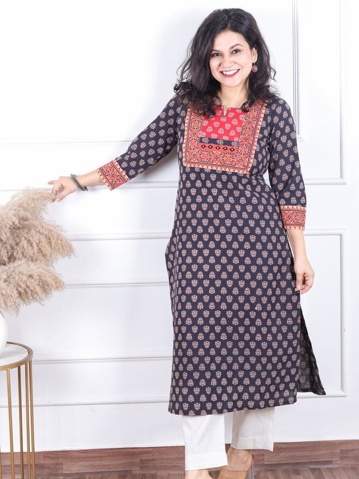 Dashtaan Midnight Navy Gujjri Print Red Patch With Mirror Work Neck Cotton Kurti