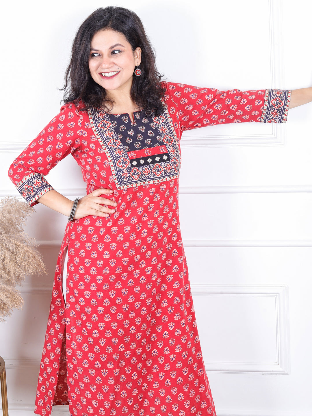 Dashtaan Sangria Red Gujjri Print Blue Patch With Mirror Work Neck Cotton Kurti