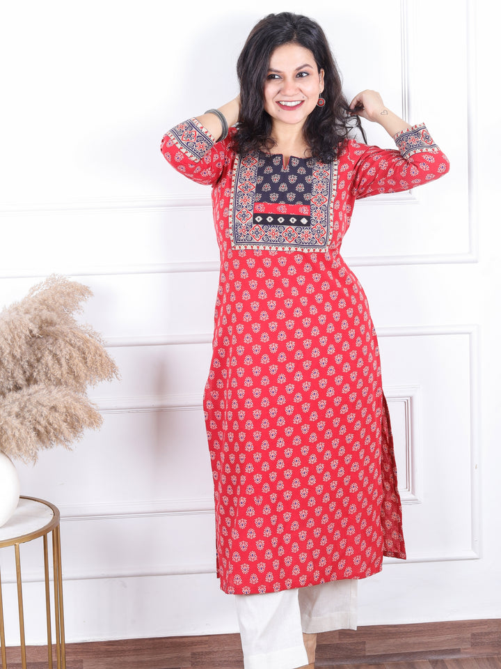 Dashtaan Sangria Red Gujjri Print Blue Patch With Mirror Work Neck Cotton Kurti