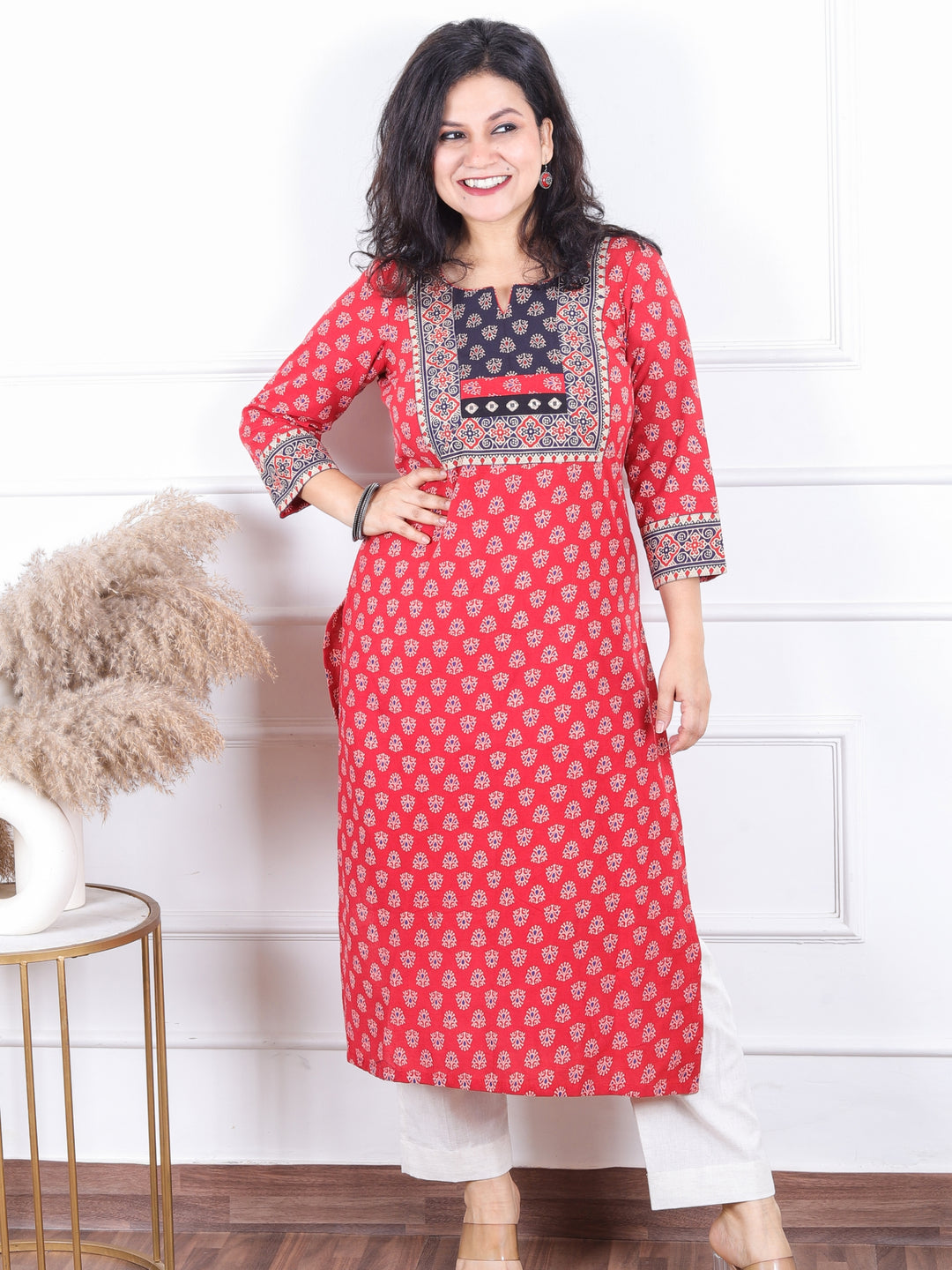 Dashtaan Sangria Red Gujjri Print Blue Patch With Mirror Work Neck Cotton Kurti