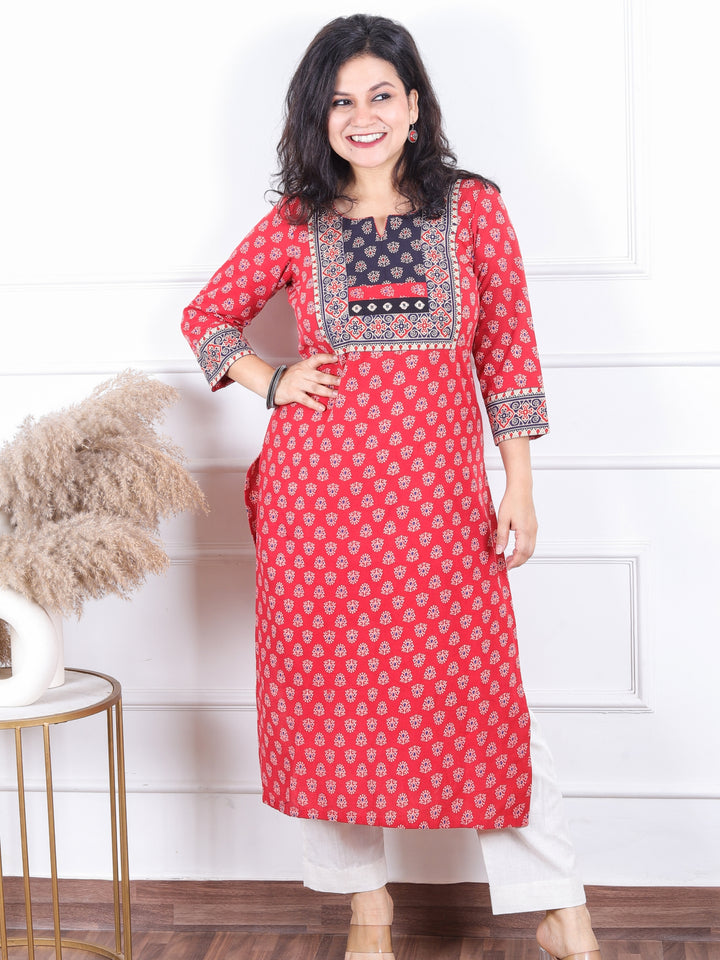 Dashtaan Sangria Red Gujjri Print Blue Patch With Mirror Work Neck Cotton Kurti