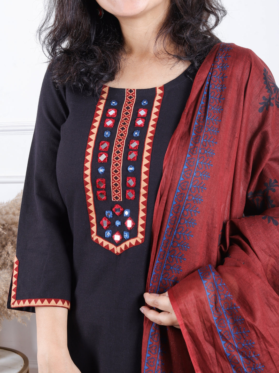 Dashtaan Ebony Black Mirror Neck Work with Lace Cotton 3 Piece Set