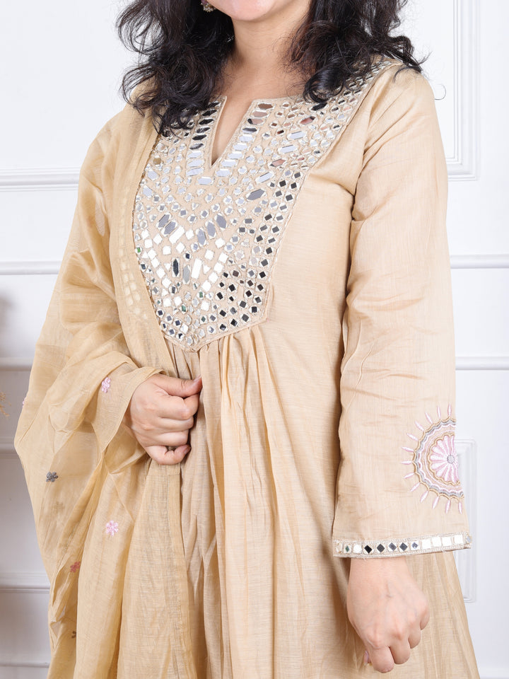 Dashtaan Sand Beige Mirror Work with Gather Detailing Mul Chanderi 3 Piece Set