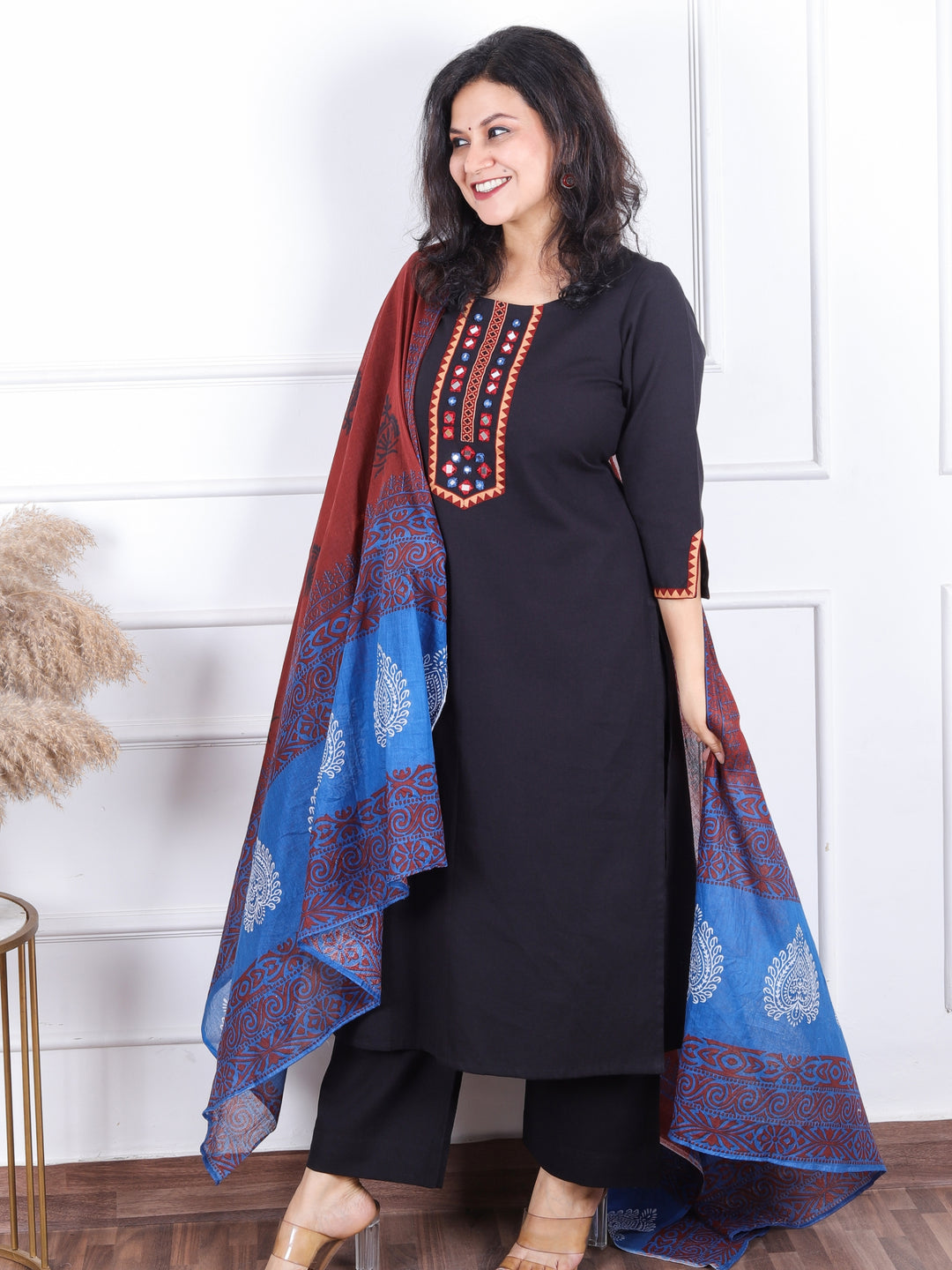 Dashtaan Ebony Black Mirror Neck Work with Lace Cotton 3 Piece Set