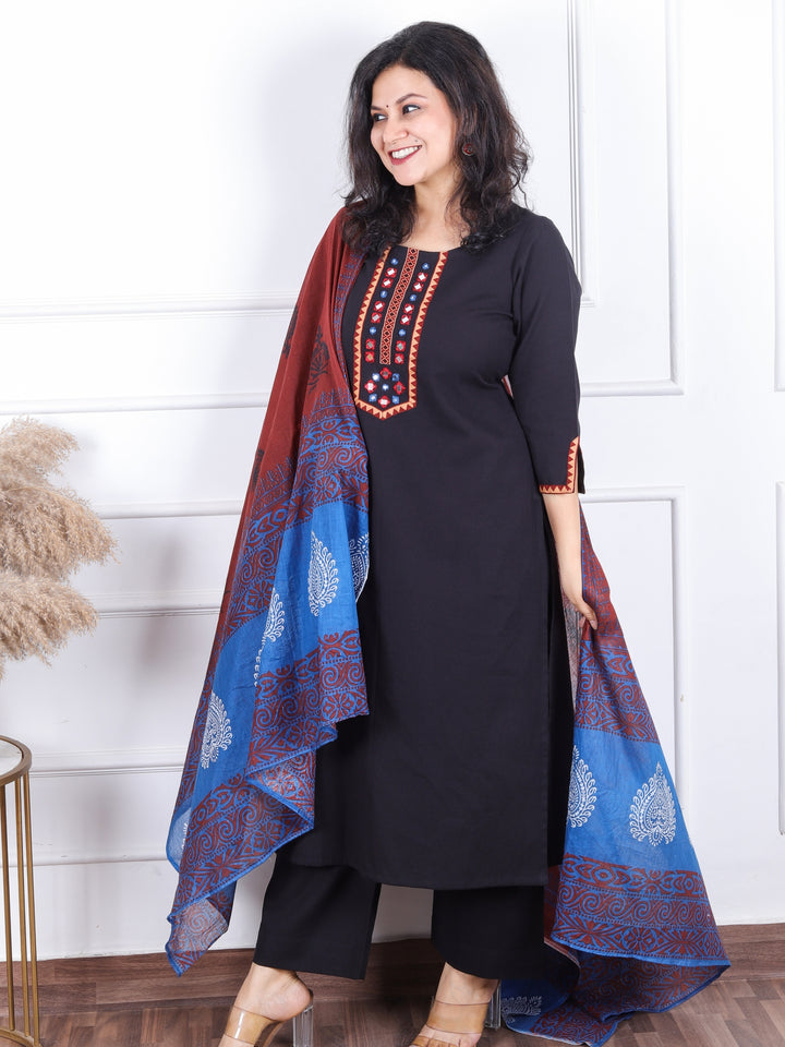 Dashtaan Ebony Black Mirror Neck Work with Lace Cotton 3 Piece Set