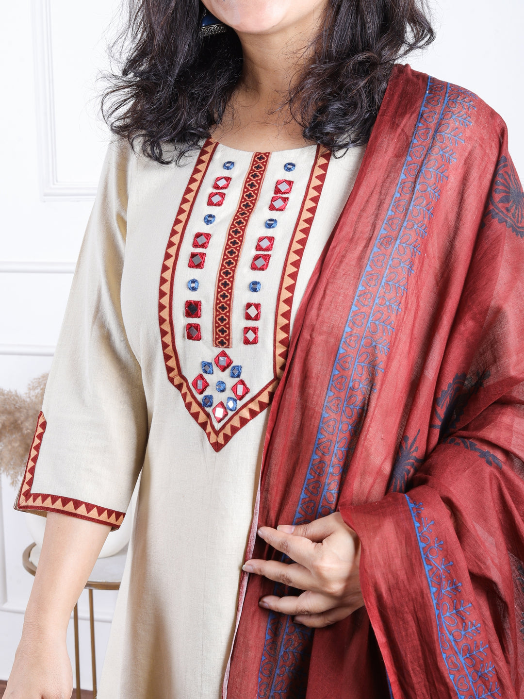 Dashtaan Ivory Beige Mirror Neck Work with Lace Cotton 3 Piece Set