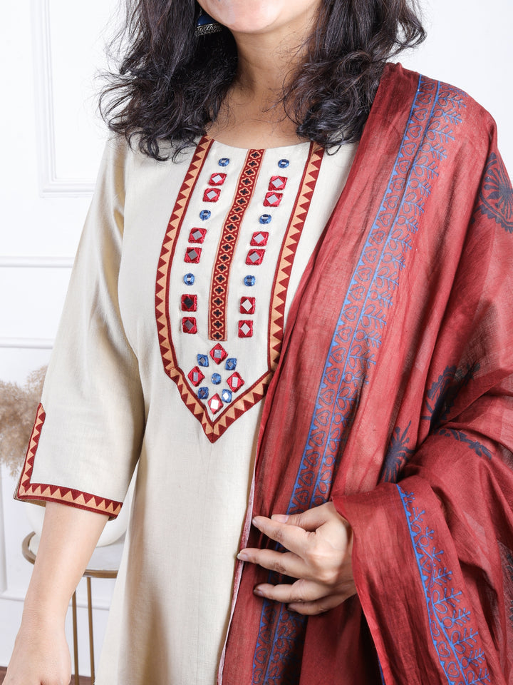 Dashtaan Ivory Beige Mirror Neck Work with Lace Cotton 3 Piece Set