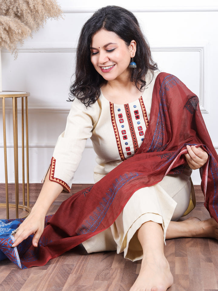 Dashtaan Ivory Beige Mirror Neck Work with Lace Cotton 3 Piece Set