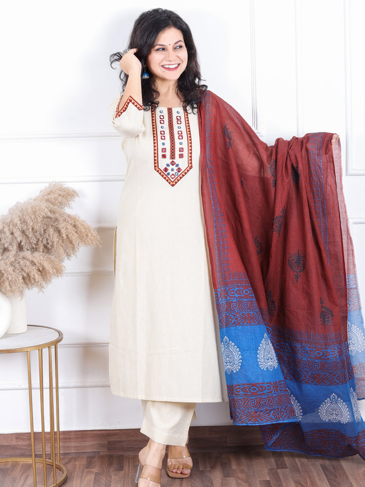 Dashtaan Ivory Beige Mirror Neck Work with Lace Cotton 3 Piece Set