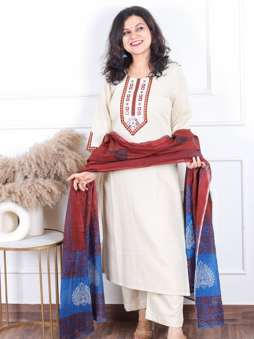 Dashtaan Ivory Beige Mirror Neck Work with Lace Cotton 3 Piece Set