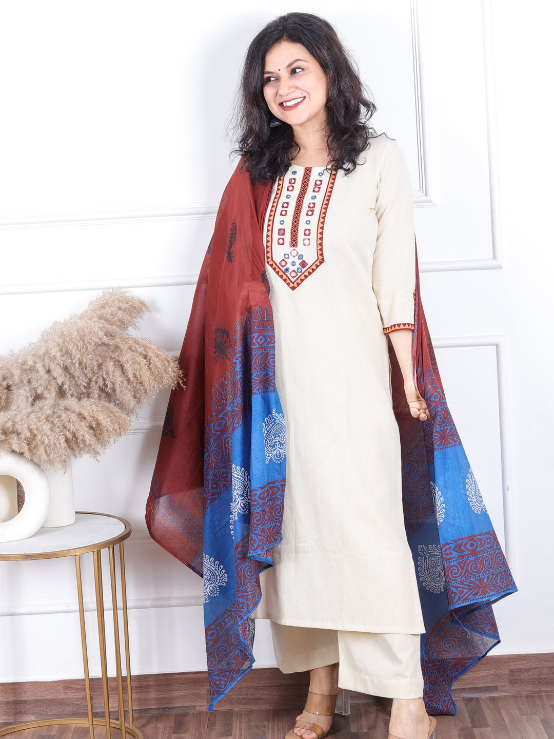 Dashtaan Ivory Beige Mirror Neck Work with Lace Cotton 3 Piece Set