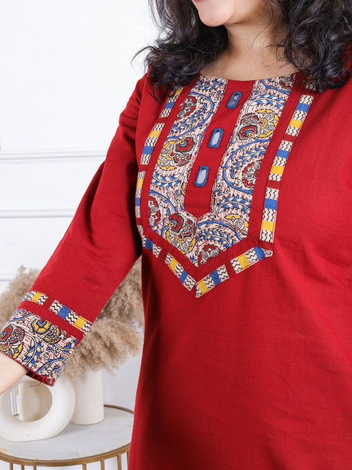 Dashtaan Pomegranate Red Kalamkari Print Patch with Mirror Work Cotton Kurti
