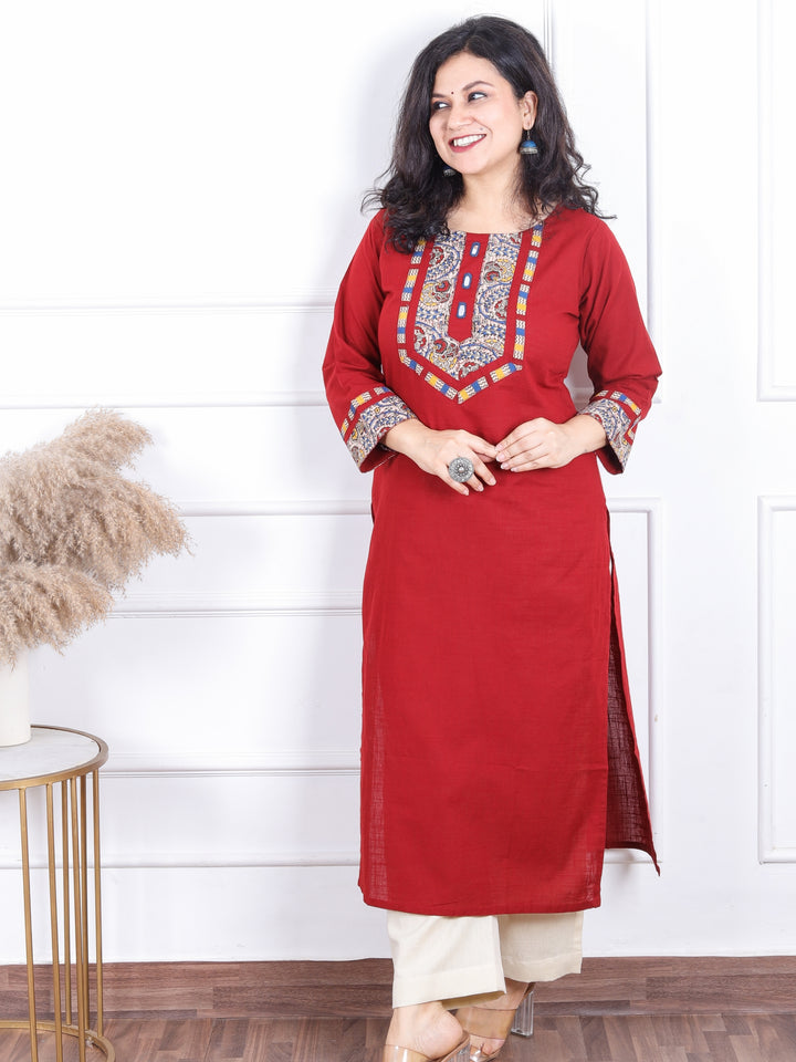 Dashtaan Pomegranate Red Kalamkari Print Patch with Mirror Work Cotton Kurti