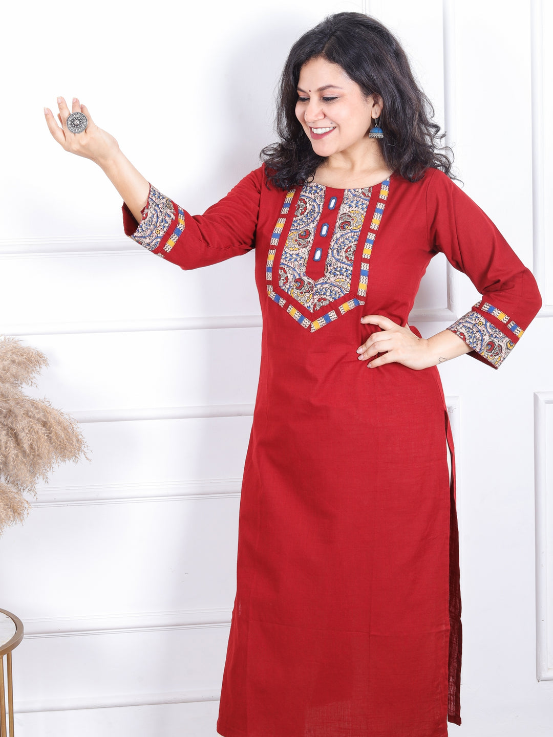Dashtaan Pomegranate Red Kalamkari Print Patch with Mirror Work Cotton Kurti