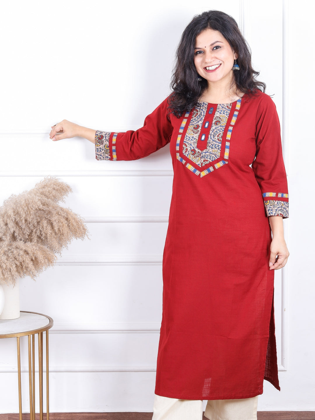 Dashtaan Pomegranate Red Kalamkari Print Patch with Mirror Work Cotton Kurti