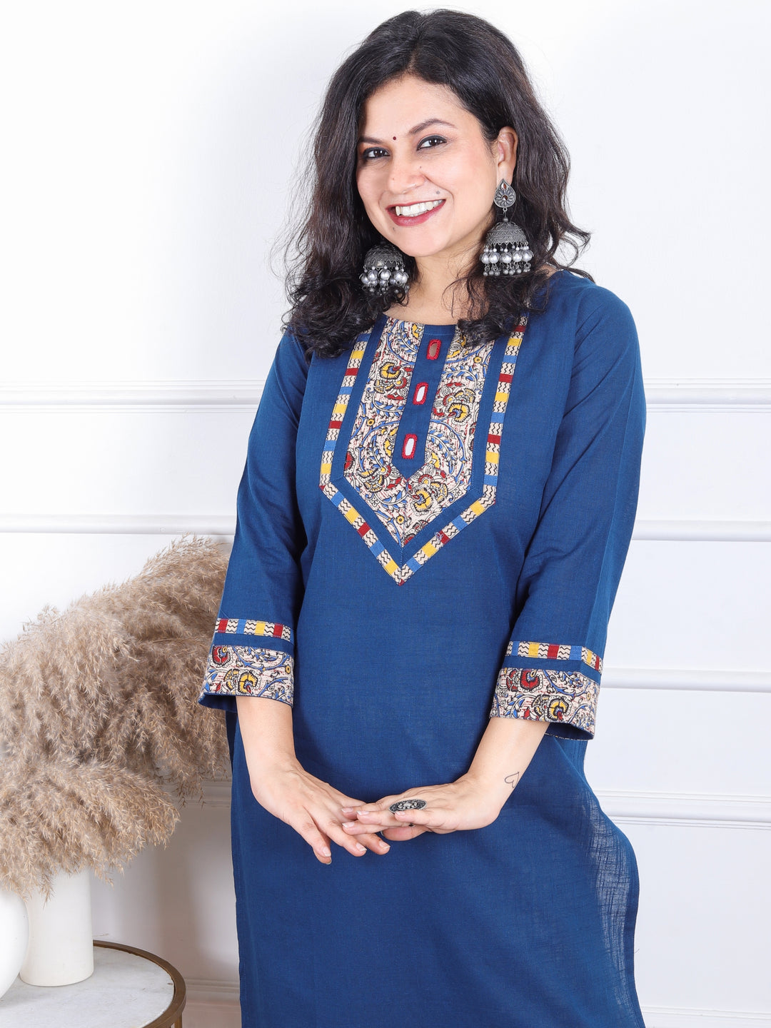 Dashtaan Royal Blue Kalamkari Print Patch with Mirror Work Cotton Kurti