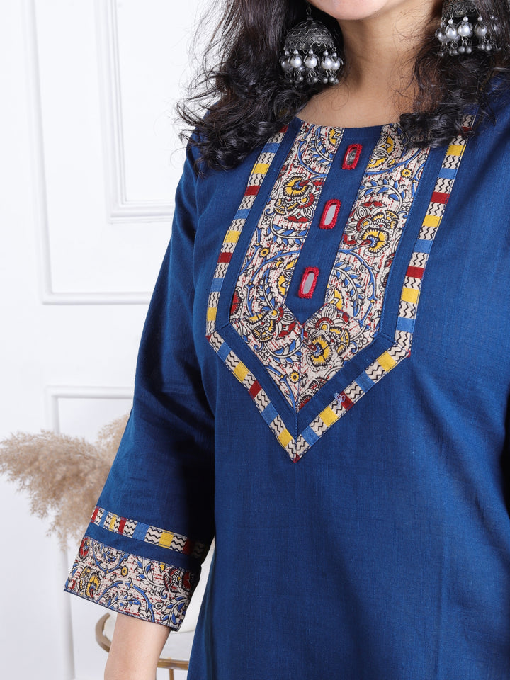 Dashtaan Royal Blue Kalamkari Print Patch with Mirror Work Cotton Kurti