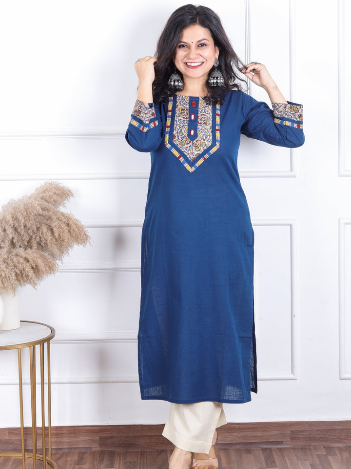 Dashtaan Royal Blue Kalamkari Print Patch with Mirror Work Cotton Kurti